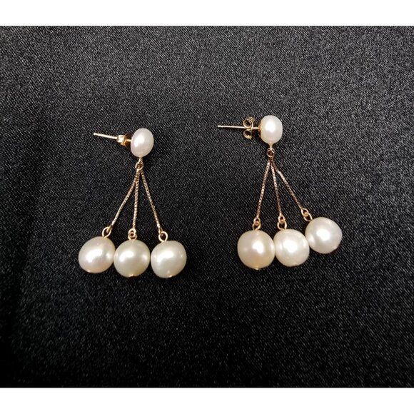 Vintage 14K Solid Gold Freshwater Pearl Dangle Earrings - Picture 1 of 4